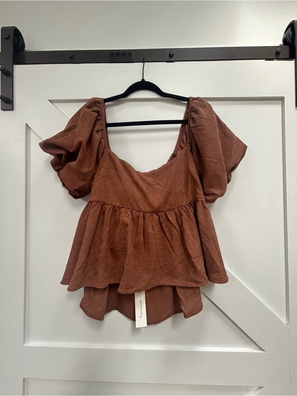 Puff-Sleeve Peplum Tunic Top in Rust Brown